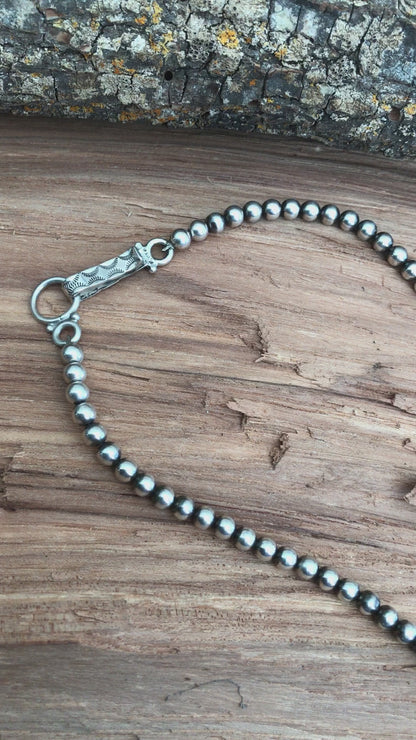 Navajo Pearls  17 inch~ Sterling Silver~ 5 mm beads~ Soldered Handmade Catches~ Strung on Squashblossom heavy braided Foxtail