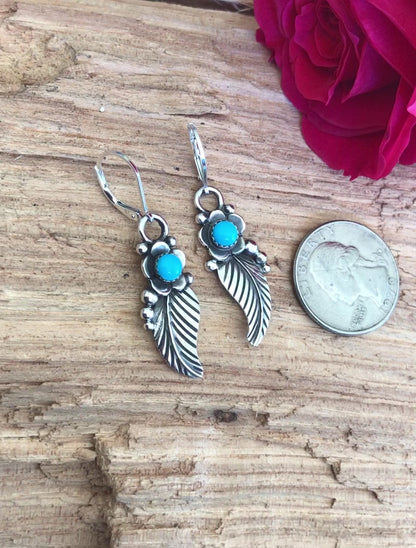 Sleeping Beauty leaf earrings~ Sterling Silver~ dangle Earrings~ Artisan Handmade