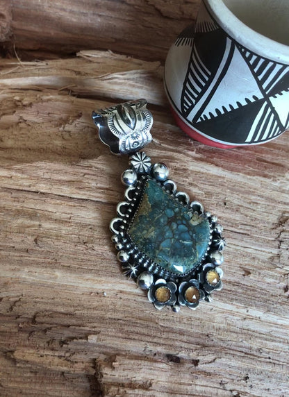 7 Dwarfs Turquoise Pendant with Citrine Wildflowers ~ Sterling Silver~ Artisan Handmade