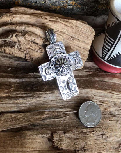 Cross Pendant~Sterling Silver~ Repousse Concho~ Artisan Handmade