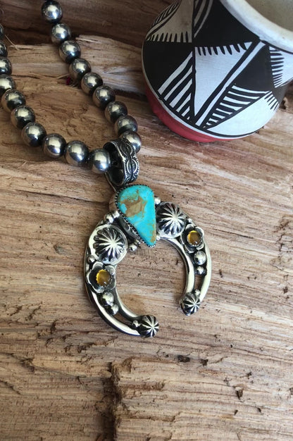 Royston Turquoise and Amber Naja pendant~ Sterling Silver~ Artisan Handmade