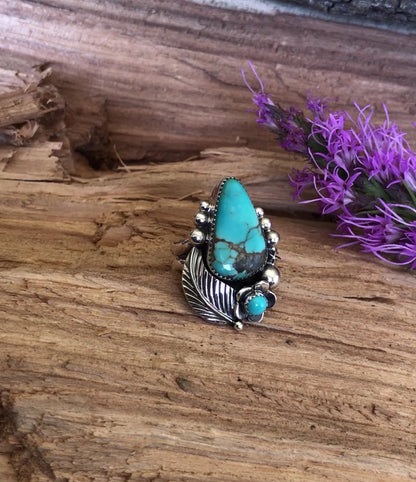 Lone Mountain Turquoise Ring~ Sterling Silver~ Artisan Handmade~ Size 8