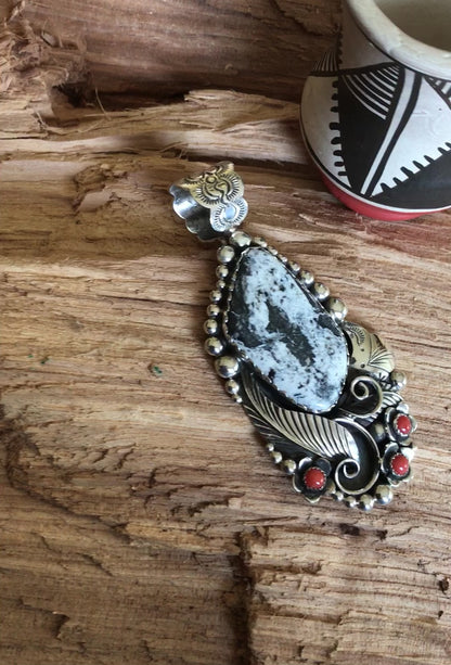 White Buffalo Turquoise pendant with Red Coral~ Sterling Silver~ large pendant~ Artisan Handmade