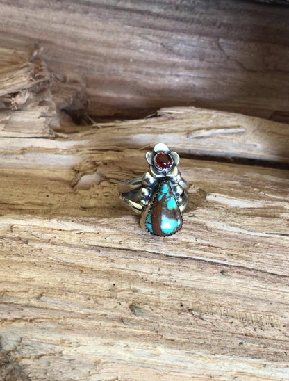 Kings Manassa Turquoise Ring with an Amber Wildflower~ Sterling Silver~ Artisan Handmade~ Size 8