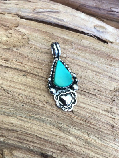 Kings Manassa Turquoise Pendant with a Heart Repousse~ Sterling Silver~ Artisan Handmade