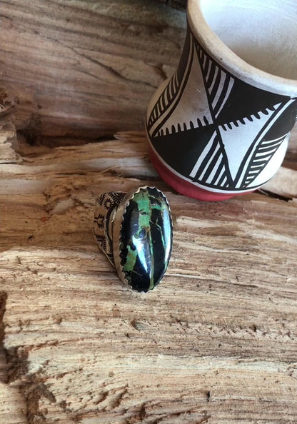 Black Jack Turquoise Ring~ Sterling Silver~ Offset Shank~ Artisan Handmade~ Size 8 1/2