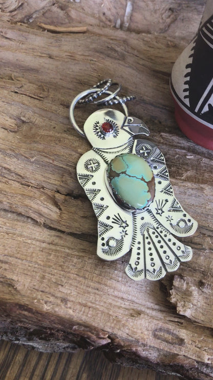 Iron Maiden Turquoise Thunderbird pendant~ Sterling Silver~ large pendant~ Artisan Handmade