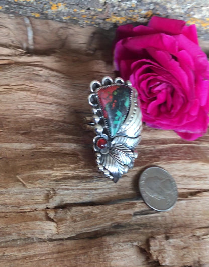 Sonoran Sunset Statement Ring with a Carnelian Wildflower~  Sterling Silver~ Artisan Handmade~ Size 10