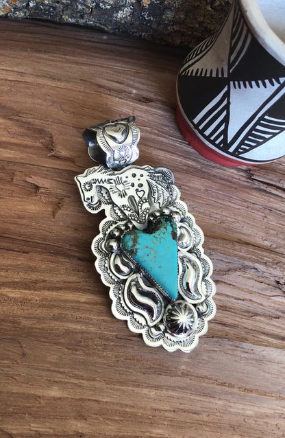 SPIRIT PONY Repousse pendant with #8 Turquoise~ Sterling Silver~ Large pendant~ Artisan Handmade