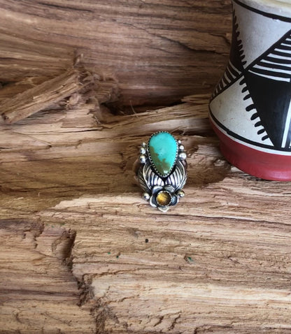 Royston Turquoise Ring with a Citrine Wildflower~ Sterling Silver~ Artisan Handmade~ Size 6 1/2