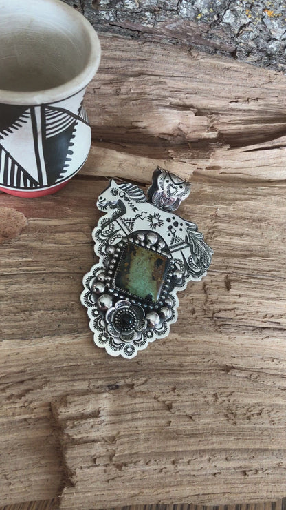 Black Jack Turquoise SPIRIT PONY Pendant~ Sterling Silver~ Artisan Handmade