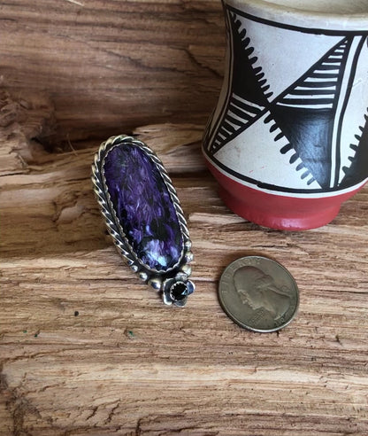 Charoite and Black Onyx Ring~Sterling Silver~ Artisan Handmade~ Size 8 1/2