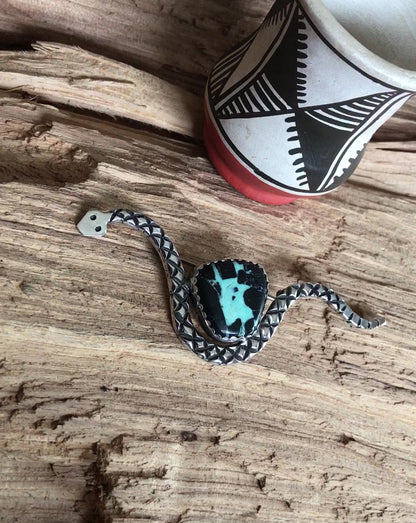 DESERT TRAVELER~ Black Buffalo Turquoise Rattlesnake Pin~ Sterling Silver~ Artisan Handmade