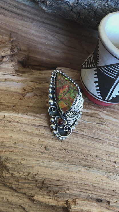 Ammolite Statement Ring~ Sterling Silver~ Artisan Handmade~ size 8 1/2