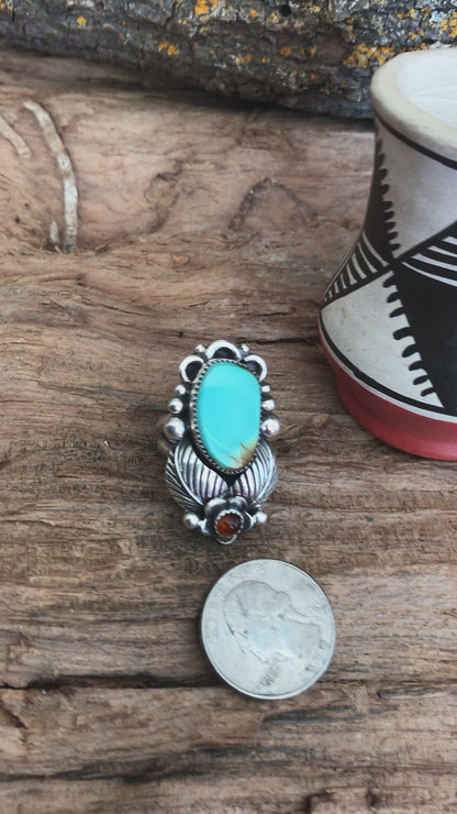 Kings Manassa Turquoise Ring with an Amber Wildflower~ Sterling Silver~ Artisan Handmade~ Size 7