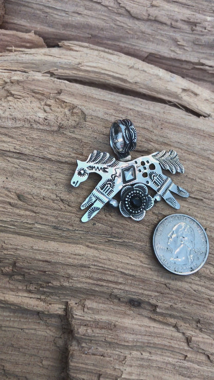 SPIRIT PONY Black Onyx Taos Flora Pendant~ Sterling Silver~ Artisan Handmade ~ 1209