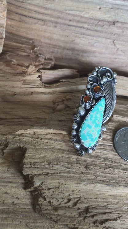 King Dry Creek, Natural Turquoise Ring with Amber Wildflowers~ Sterling  Silver~ Artisan Handmade~ Size 7 ~ 1207