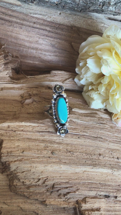 Kings Manassa Turquoise Ring with Citrine Wildflowers~ Sterling Silver~ Artisan Handmade~ Size 7 3/4