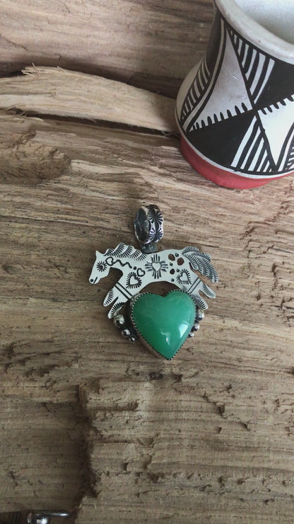 SPIRIT PONY~ Chrysoprase Heart pendant~ Sterling Silver~ Artisan Handmade ~ 1072