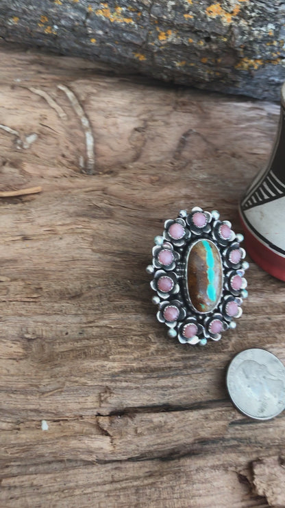 FLORA de SANTA FE Ring~Sterling Silver~ Royston Ribbon Turquoise and Pink Opal~ Artisan Handmade~ Size 8